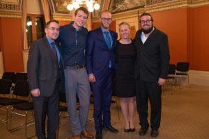 Pictured L-R: Joel Oosterman (MP Viersen's office), David Paisley (Over 18 Executive Producer), MP Arnold Viersen, Michelle & Jay Brock, founders of Hope for the Sold